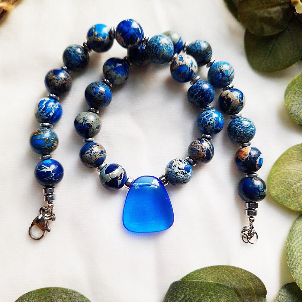 Chunky Cobalt Blue Imperial Jasper Pendant Necklace, Adjustable Beaded Statement